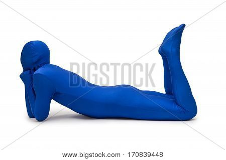 Mysterious Blue Man In Morphsuit Lying On The Floor