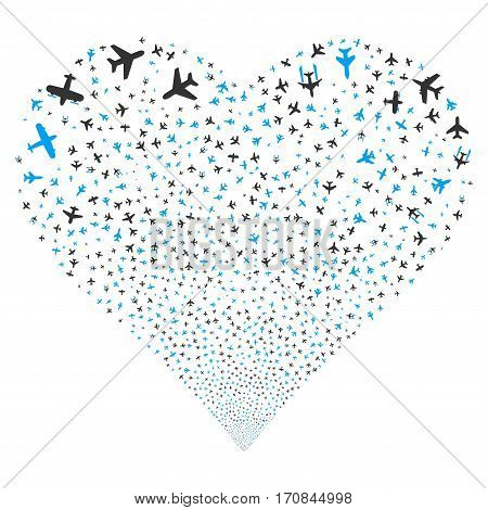 Airplanes fireworks with heart shape. Vector illustration style is flat blue and gray iconic symbols on a white background. Object love heart organized from confetti pictographs.