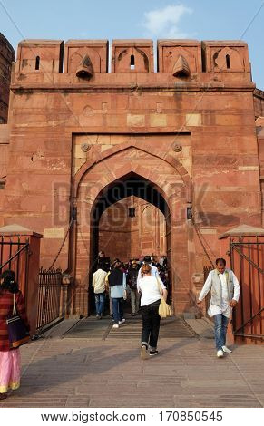 AGRA, INDIA - FEBRUARY 14 : Amar Singh Gate of Agra Fort, UNESCO World heritage site in Agra. Uttar Pradesh, India on February, 14, 2016.