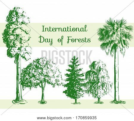 International Day of Forests card. Vector hand drawn sketch tree pattern. Sequoia palmetto willow apple-tree spruce.
