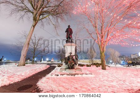 Ottawa, Canada - December 25, 2016: Monument to Canada's first Prime Minister and one of the Fathers of Confederation Sir John A Macdonald.