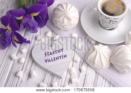 Still Life With Cup Of Coffe Marshmallow Zephyr Iris Flowers Heart Sign With Lettering Happy Valenti