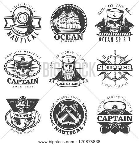 Black vintage sailor naval label set with king of the sea ocean spirit time to travel ocean journey descriptions vector illustration