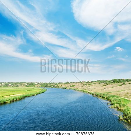white clouds in blue sky over river with greensides
