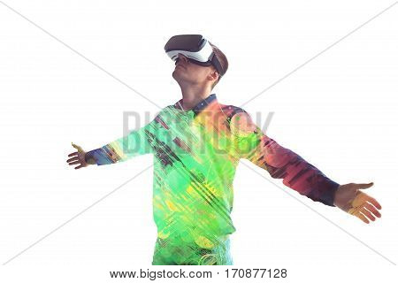 The man with glasses of virtual reality. Future technology concept. Modern imaging technology.
