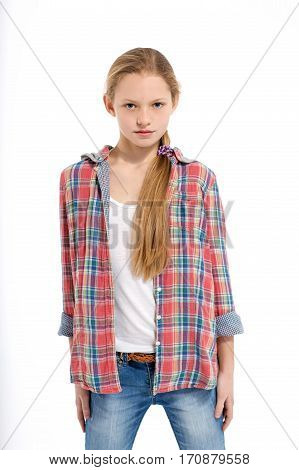 young cheerful determined teenage girl on white background