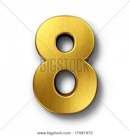 3D-kuvanluomista numero 8 kulta metalli valkoinen eristetty tausta.