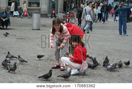 Children Feeding Pigeons On The Dam Square In Amsterdam