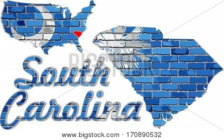 Flag of South Carolina on a brick wall - Illustration,
Font with the South Carolina flag, 
South Carolina map on a brick wall