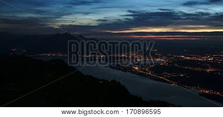 Lake Vierwaldstattersee and Lucerne by night view from mount Rigi.