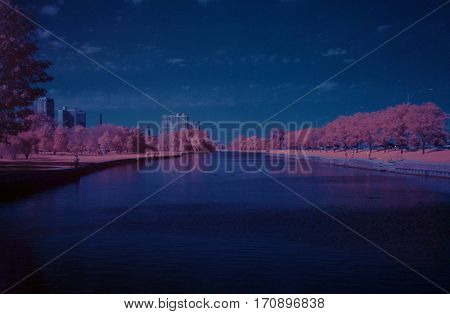 park Chicago lagoon color swap infrared pink and blue