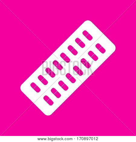 Medical Pills sign. White icon at magenta background.