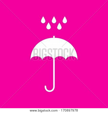 Umbrella with water drops. Rain protection symbol. Flat design style. White icon at magenta background.