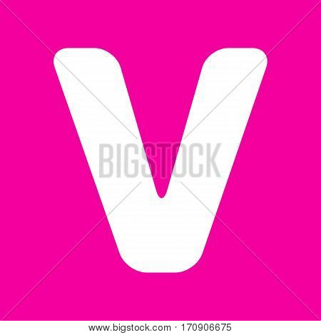 Letter V sign design template element. White icon at magenta background.