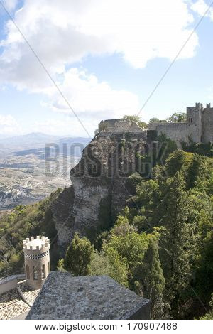 Castle of Veneri (Castelo di Veneri), in the town of Erice, Sicily, Italy overlooking the mountains, woods and town below