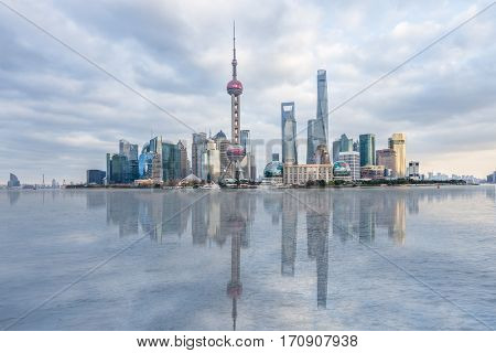 Shanghai skyline panoramalandmarks of Shanghai with Huangpu river in China.
