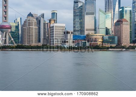landmarks of Shanghai with Huangpu river in China.