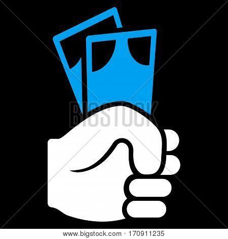 Banknotes Salary Hand vector icon. Flat bicolor blue and white symbol. Pictogram is isolated on a black background. Designed for web and software interfaces.