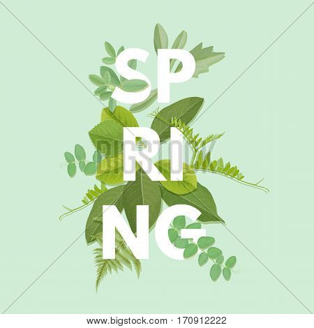 Spring letter with green leaves. Season sale vector label. Foliage lettering. Floral illustration. Springtime poster. For t-shirt, fashion, prints, banner or packaging design