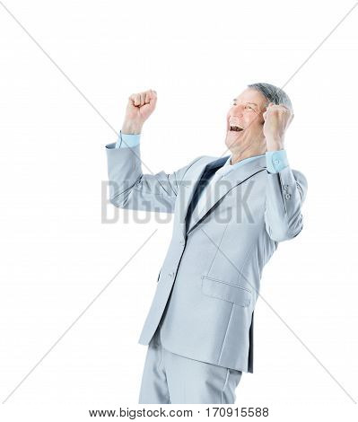 Businessman in age shouts of joy. Isolated on a white background.