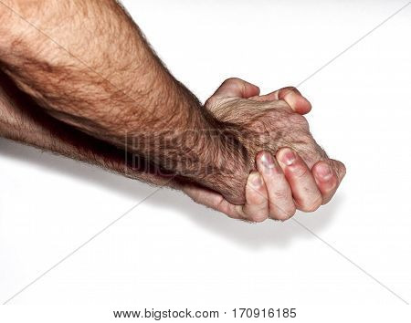 Male fist on a white background afternoonMan showing hands on a white background