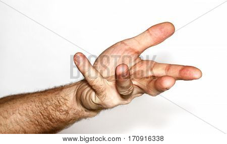 Man's hand on a white background shows the gestures