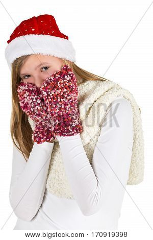 Young girl with white shirt red winter cap and wooly gloves isolated on white background