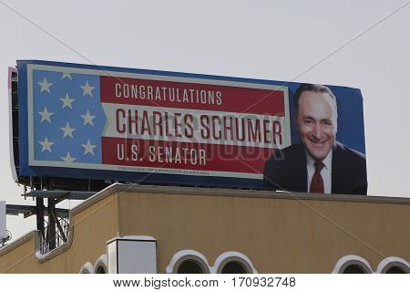 BROOKLYN, NEW YORK - FEBRUARY 9, 2017: Congratulations Charles Schumer U.S. Senator billboard in Brooklyn, NY
