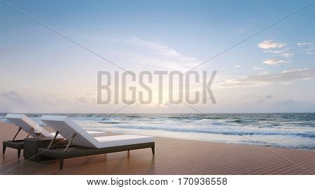 Sea side terrace and sunbed 3d rendering imageA place surrounded by the sea There are wood floor and rattan sunbed