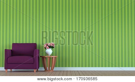 Purple sofa in a green room 3d rendering image where the walls are decorated with wallpaper with vertical green pattern.