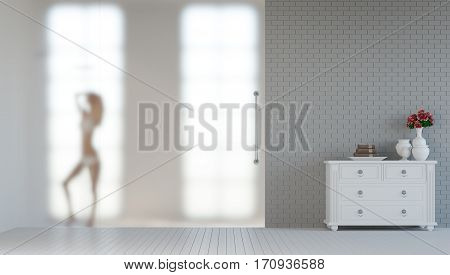 Sexy women shower behind frost glass 3d rendering image .The bathroom has a frosted glass wall A silhouette of a woman in a bath with a shelf style vintage placed in front of the room.