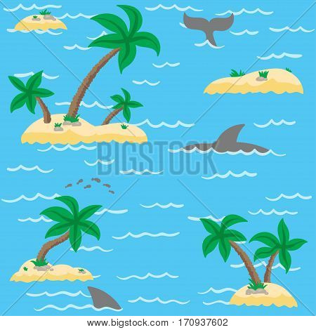 Vector seamless sea pattern. Seamless ocean pattern. Island and sea - endless summer design. Cartoon arine texture for print and web