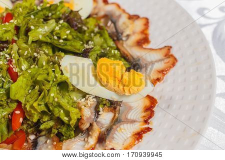 Salad with eel and vegetables. Very tasty food on a light background.