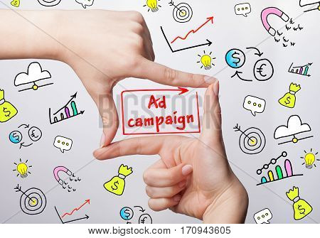 Technology, Internet, Business And Marketing. Young Business Woman Writing Word: Ad Campaign