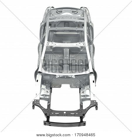 Front view Carcass af a sedan car on white background. 3D illustration