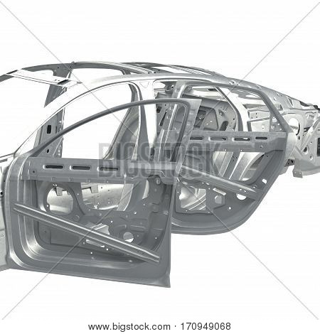 Skeleton of a car with opened doors on white background. 3D illustration