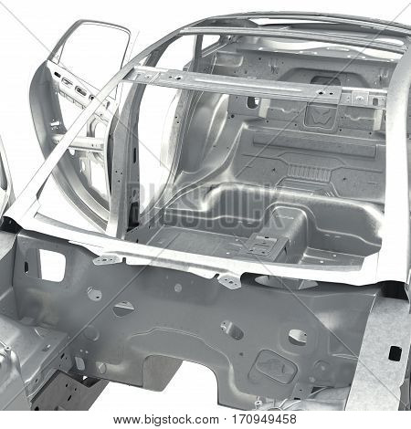 Sedan without cover with opened doors on white background. 3D illustration
