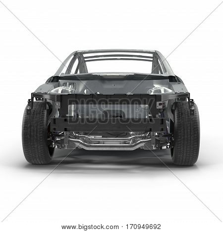 Skeleton of a car on white background. Front view. 3D illustration