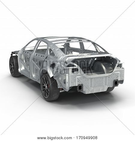 Sedan without cover on white background. Rear view. 3D illustration