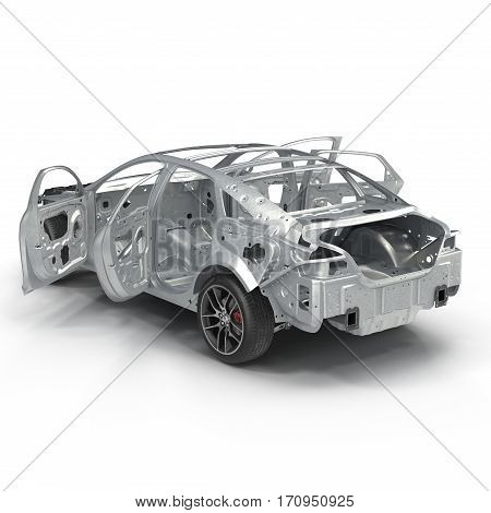 Sedan without cover on white background. Rear view. 3D illustration