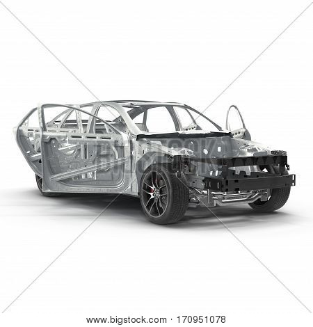 Skeleton of a car with Chassis on white background. 3D illustration