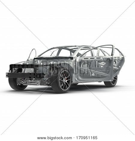 Skeleton of a car with Chassis on white background. 3D illustration