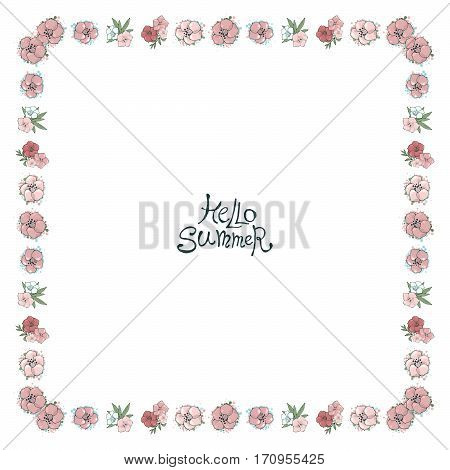 Vector floral frame with pink flowers. Nature square hand drawn border on white background.