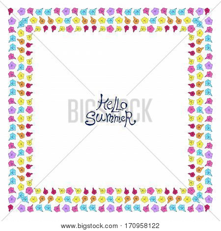 Floral frame with colorful exotic flowers. Vector Nature square hand drawn border on white background. Good for greeting cards and invitations.