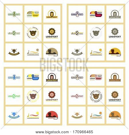 assembly of flat icons nature logo bear lion giraffe penguin snake monkey bird bull