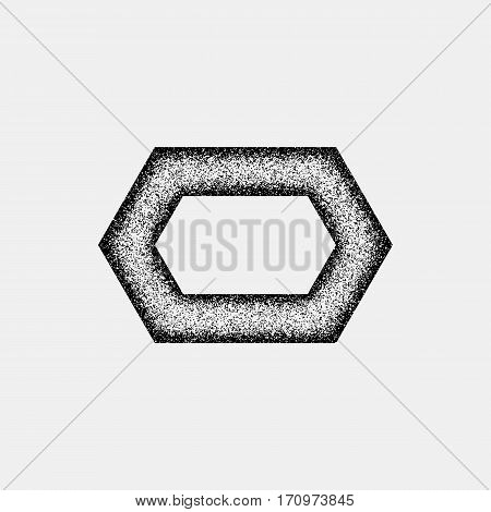 Black abstract geometric badge, polygon, hex shape with film grain, noise, dotwork, grunge texture and black background for logo, design concepts, posters, banners, web and prints. Vector illustration