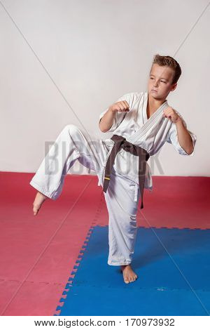 Children during training in karate. Fighting position active lifestyle