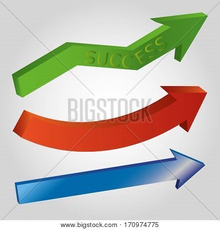 Set of 3d shiny arrows: green with word success red blue on grey background