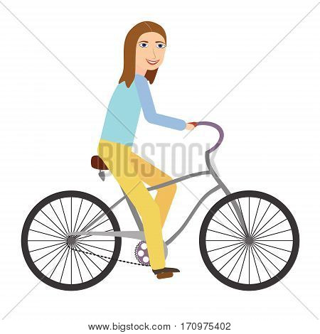 Happy young woman riding bicycle isolated on white background. Flat style.
