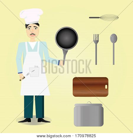 chef icon over yellow background cooker cook kitchen tools